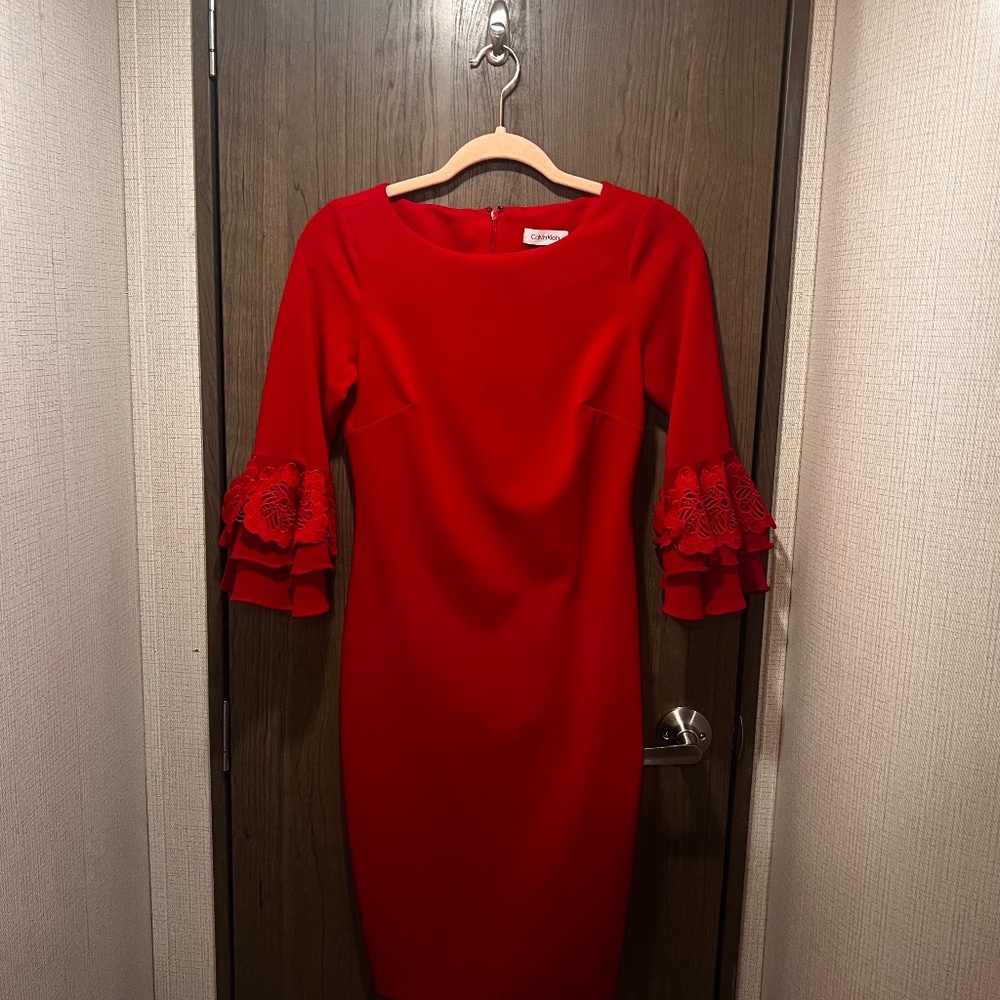 Calvin Klein Red Sheath Dress with Tiered Bell Sleeves – Size 2